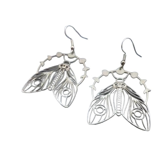 Silver Moth with Moon Phase Cutout Drop Earrings - Picture 2 of 4